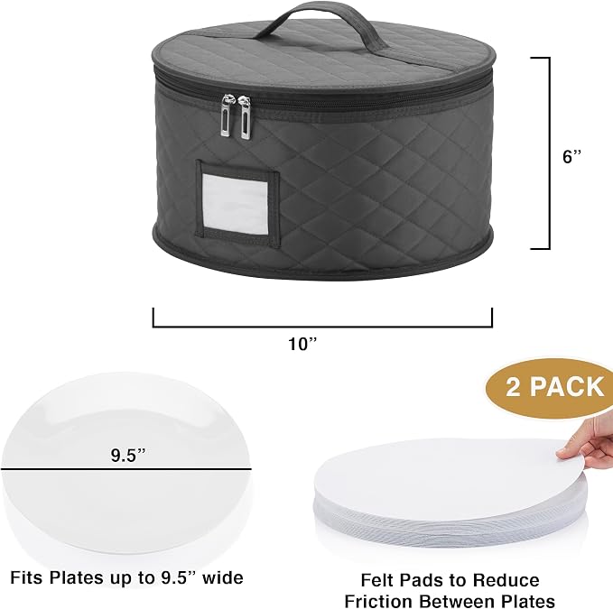 2 Pack 10" Salad Plate Quilted Cases - China Storage Container - Stackable With Padded Interior to Store your Dinnerware Dishes - Great for Luncheon Plates and Pasta Bowls