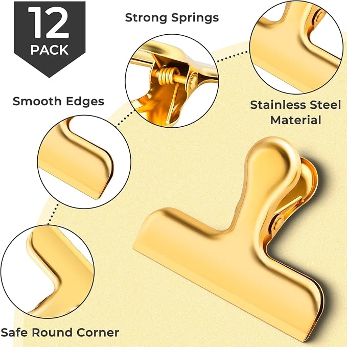 ANZNKU 6 Pack Gold Chip Clips Bag Clips for Food Snack Kitchen Storage | Heavy Duty, Stainless Steel, Air Tight Seal, Durable Metal Clamps for Refrigerator Home Office, Use for Bread Coffee Paper