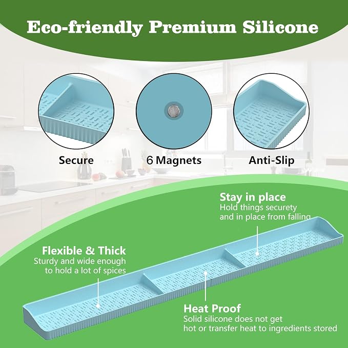 30 Inch Silicone Stove Top Shelf Magnetic for Kitchen, Strong Magnetic Heat Resistant Spice Rack Organizer for Over Stove Oven - (Blue)