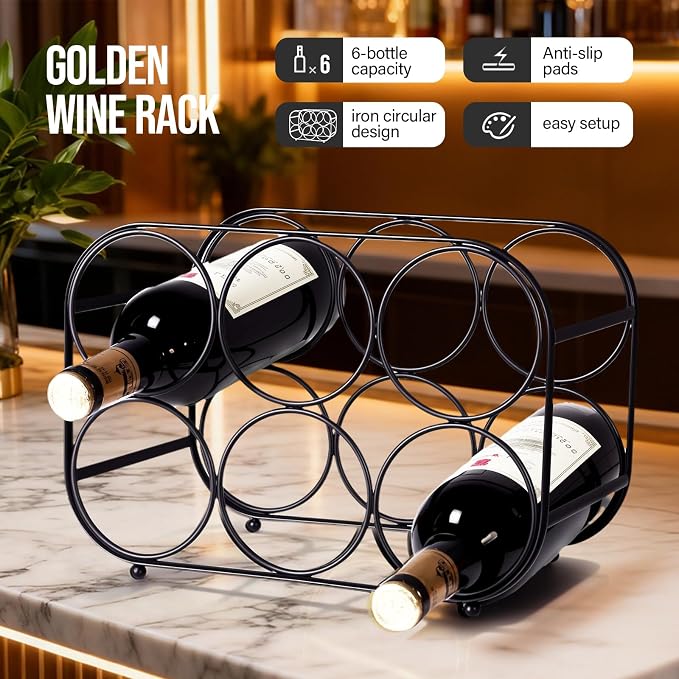 Countertop Wine Rack - 6 Bottle Freestanding Modern Black Metal Small Wine Rack - Tabletop Wine Holder Stand for Cabinet, Pantry, Wine Bottle Storage