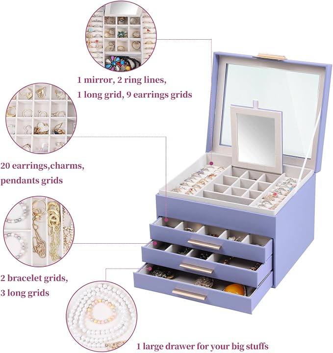 BOOVO Clear Lid Jewelry Box,3 Layers Jewelry Organizer Large Jewelry Storage Box with 2 Drawers,Jewelry Holder Organzier of Rings Earrings Necklace Bracelets for Women (Purple, 4 Layer)