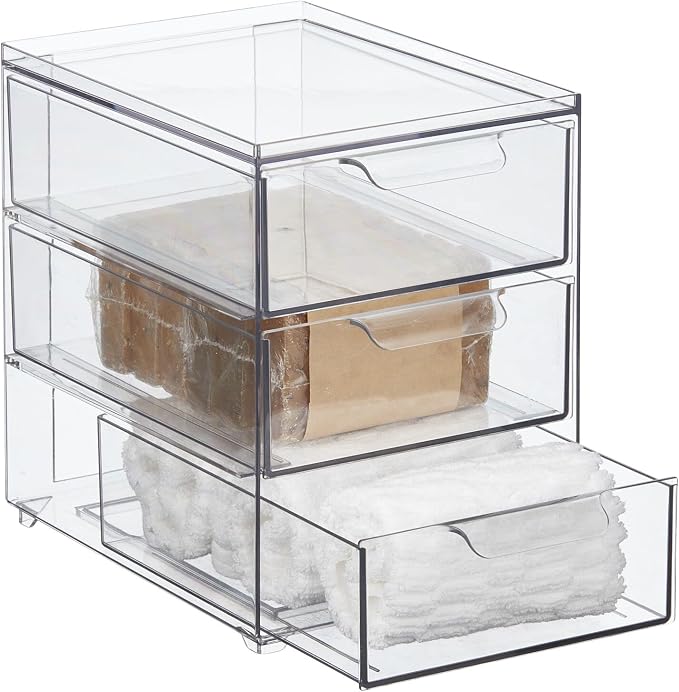 mDesign Plastic Stackable Organizer with 3 Drawers - Pull-Out Drawer Storage Bin for Bathroom Sink/Cabinet Organization - Perfect for Makeup, Small Towels, and More - Lumiere Collection, 4 Pack, Clear