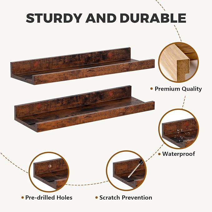 Muzilife 16" Wood Floating Shelves Wall Shelf with Lip,2Pcs, Widened, Honey | FSC-Certified Wood | 20 lbs Capacity | Space-Saving | Hanging Shelf | Wall Decor| Bedroom,Living Room,Bathroom,Kitchen,Office