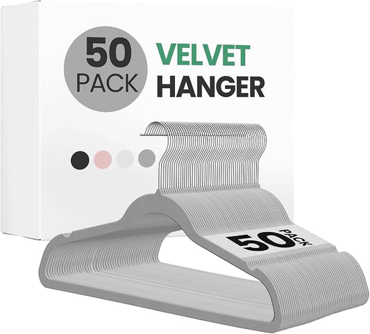 InfiniPower 50 Pack Velvet Hangers, Heavy Duty Clothes Hangers for Coat, Pants & Dress, Non-Slip Hanger Set with Shoulder Notches, 360° Swivel Hook, Space Saving, Grey