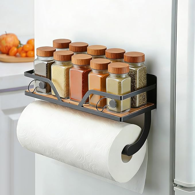 SUNTECH Magnetic Paper Towel Holder for Fridge, Black Kitchen Roll Holder with Shelf Wall Mount, Magnetic Spice Rack Organizer with Funny Memes for Kitchen, RV, Garage
