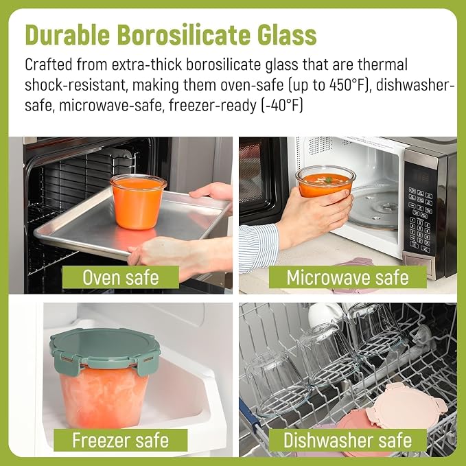 [UPGRADED LID] 6 Sets 3 Cup/24oz Borosilicate Glass Food Soup Containers with Lids, Meal Prep Storage Bowl Jars for Leftover Meal Lunch Oats Fruit Deli Salads - Microwave, Oven, Freezer Safe -BPA Free