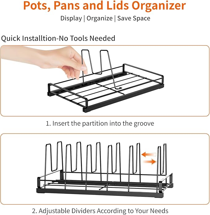 Food Container Lid Organizer for Cabinet with 6 Adjustable Divider | Metal Detachable Pot Lid Organizer,Lid Storage Organizer for Plastic Lids Pots Cookie Sheets for Cabinets,Cupboards,Drawer