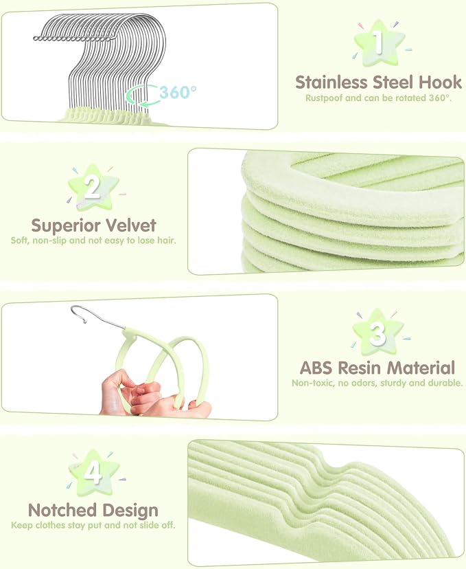 VIS'V Velvet Baby Hangers with 6 Pcs Dividers, 11 Inch, Lime Green, 50 Pcs | Compact Size, Non Slip, Infant Toddler Nursery Closet Organization
