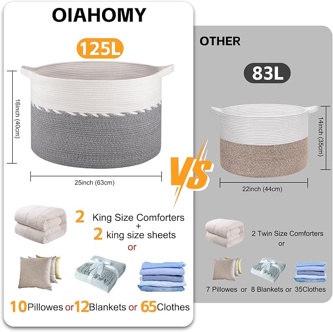 OIAHOMY 125L Extra Large Blanket Basket, 25" x 16", Jumbo Laundry Hamper, Cotton Rope Basket with Handles for Living Room,Baby Toy Basket for Storage, Grey