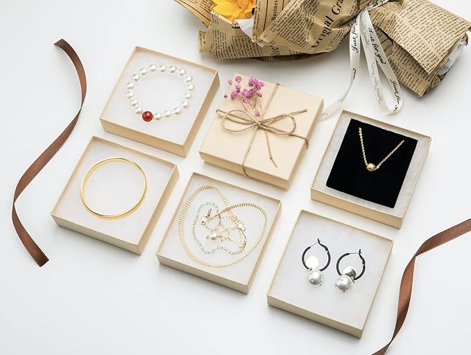 Magicool 96 Pack 3.5x3.5x1 Inch Cardboard Jewelry Boxes,Used for Necklaces,Bracelets,Earrings,Jewelry,Small Gift Packaging,Jewelry Gift Boxes with Lids and Filled with Cotton(Brown)