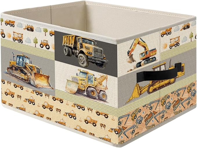 Construction Truck Storage Bin Box with Handles, Excavator Tractor Vehicle Foldable Organizer Basket Toybox for Toddler Boys Kids Nursery Bedroom Playroom Clothes Toys Books