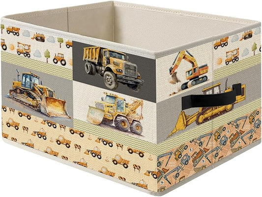 Construction Truck Storage Bin Box with Handles, Excavator Tractor Vehicle Foldable Organizer Basket Toybox for Toddler Boys Kids Nursery Bedroom Playroom Clothes Toys Books
