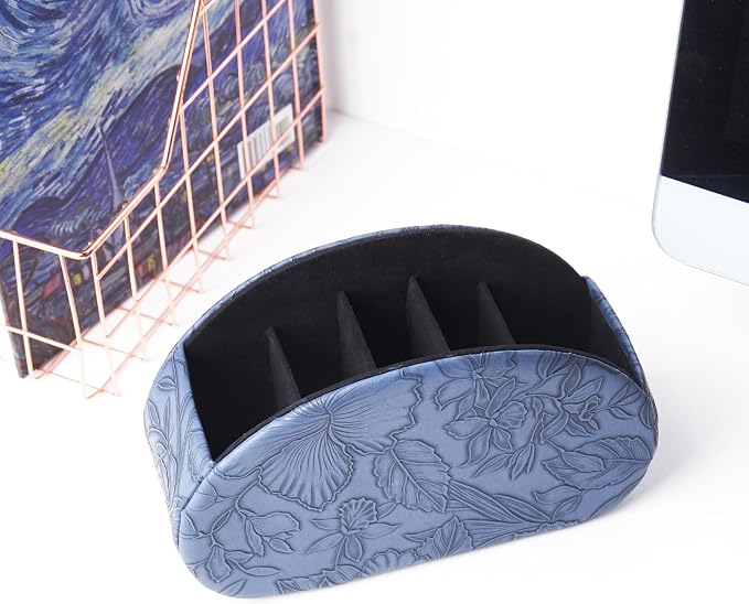 Remote Control Holder, PU Leather Remote Caddy Desktop Organizer with 5 Spacious Compartments for TV Remotes/Media Controllers/Office Supplies (1-Carved Blue