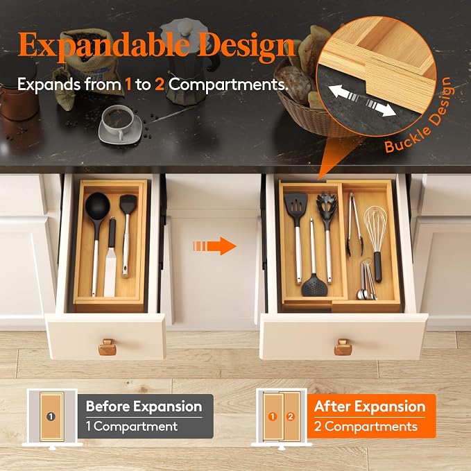Lifewit Utensil Organizer for Kitchen Drawer, Expandable Cooking Utensil Tray, Cutlery Silverware Flatware Holder, Wood Adjustable Spatula Tools Storage Divider, 7-12 x 15.75", Natural