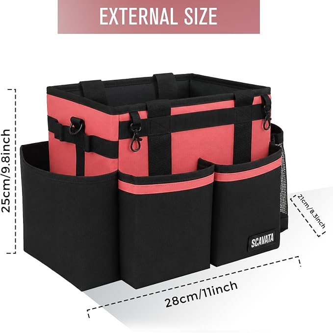 SCAVATA Compact Wearable Cleaning Caddy, Small Cleaning Supplies Organizer with Handle & Shoulder Straps for Housekeepers, under Sink & Car Cleaning Tool Organizers Bag (Coral Pink)
