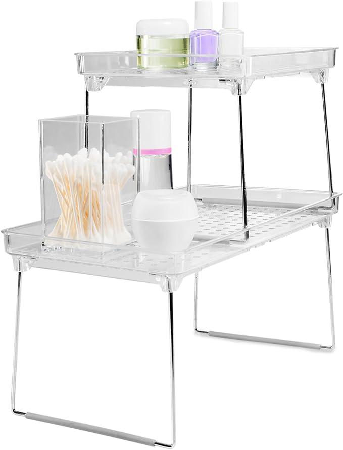 madesmart Medium Stacking Shelf, Organizer for Spices, Make-Up, Bottles & Jars, Collapsible Legs for Cabinet or Counter Storage, Clear
