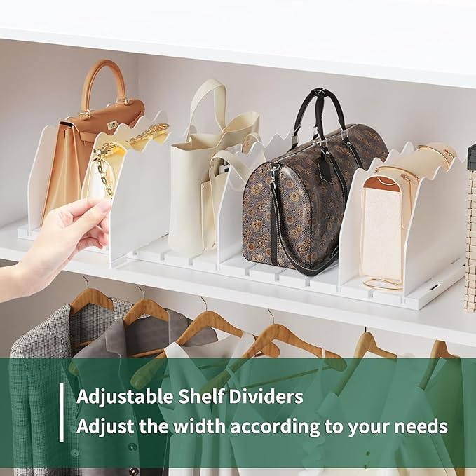 SPACEKEEPER Shelf Divider for Closet, 2 Pack Adjustable Purse Organizers Handbag Separators Storage Organizer Bookshelf Separator Dividers in Bedroom Office Kitchen Bathroom, White