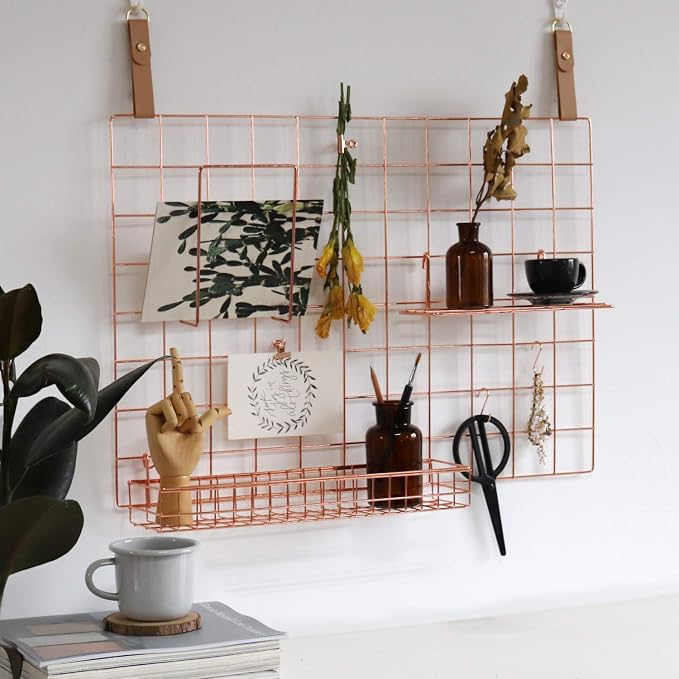 Rose Gold Grid Basket with Hooks,Bookshelf,Display Shelf for Wall Grid Panel,Wall Mount Organizer and Storage Shelf Rack for Home Supplies,1 Set of 3 (Rose Gold)