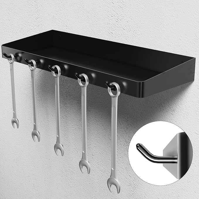 SUNTECH Garage Paper Towel Holder with 2 Shelves,One-Hand Tear Wall Shelf, Wall Mount Shop Paper Towel Holder with Hooks for Garage Organization and Storage(Black)