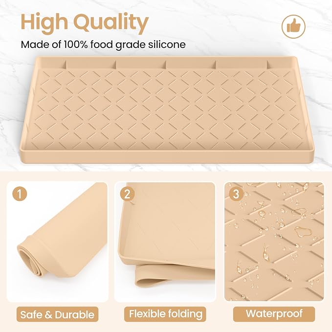 Mateeylife Under Sink Mats for Kitchen Waterproof 22"X19", Undersink Protectors，Silicone Mat Cabinet Liner, Under Sink Organizer for Bathroom and Kitchen，Boot Tray Pet Food Mat, Beige