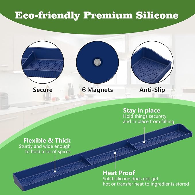 30 Inch Silicone Stove Top Shelf Magnetic for Kitchen, Strong Magnetic Heat Resistant Spice Rack Organizer for Over Stove Oven - (Navy Blue)
