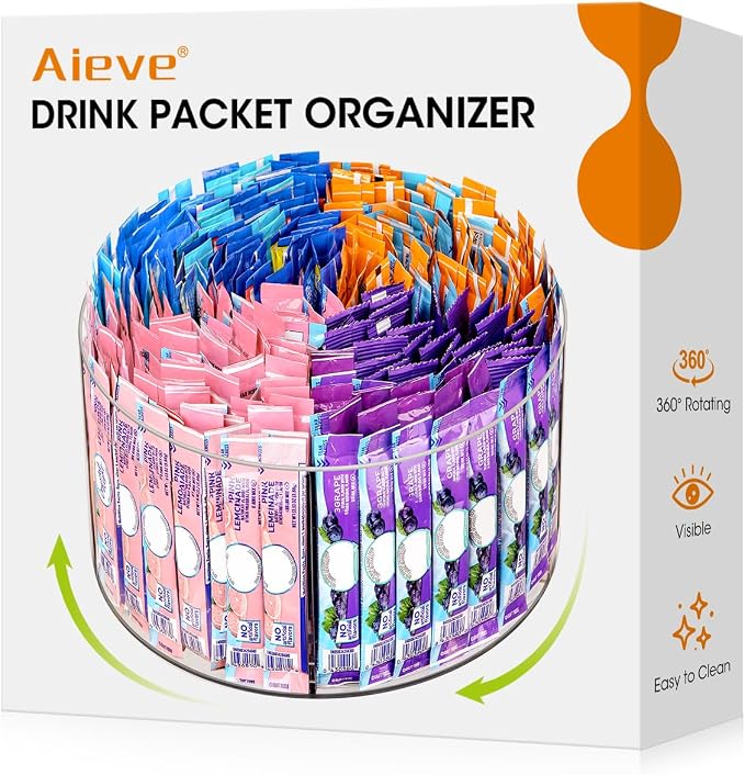 AIEVE Drink Packet Organizer, Lazy Susan 360° Turntable Organizer for Drink Mix Hydration Packets, Water Flavor Acrylic Container Tea Bag Holder for Kitchen Storage Organization