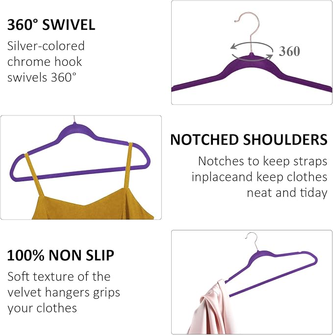 VECELO Premium Velvet Clothes Hangers Suit Heavy Duty (100 Pack)-Non Slip & Space-Saving with 12 Finger Clips & 2Tie Rack Excellent for Men and Women,Dark Purple