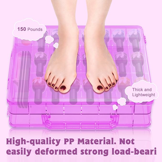 SUBAY 2 Pcs Portable Nail Polish Organizer, Clear Double Side Nail Polish Holder,Gel Nail Storage for 48 Bottles with 6 Adjustable Dividers in Each Side Space Saver Pink