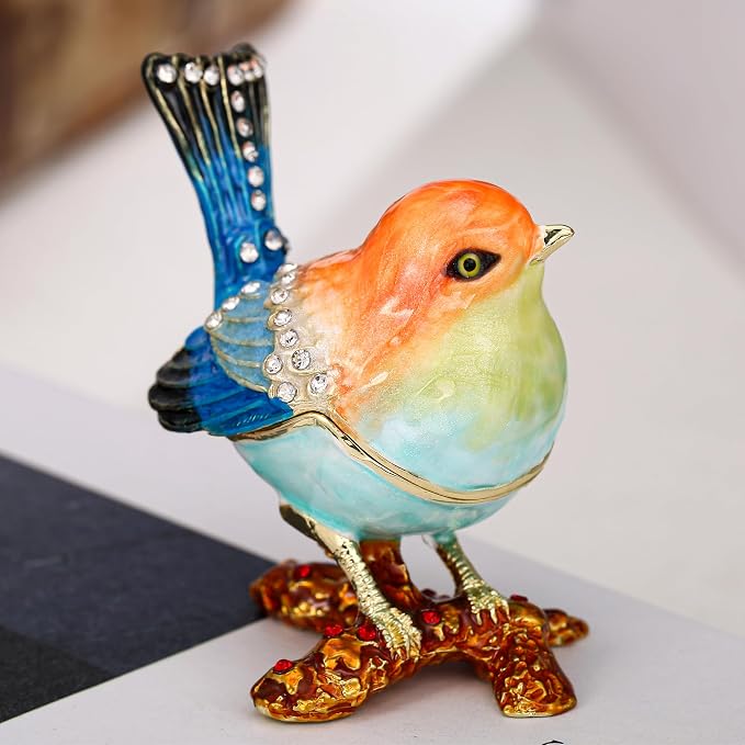 Hand Painted Enamel Robin Bird Trinket Box for Home Decor, Hinged Jewelry Organizer for Ring Earrings, Unique Figurine Keepsake Collectible Personalized Handmade Ornament Gifts (Multi-Sparrow)