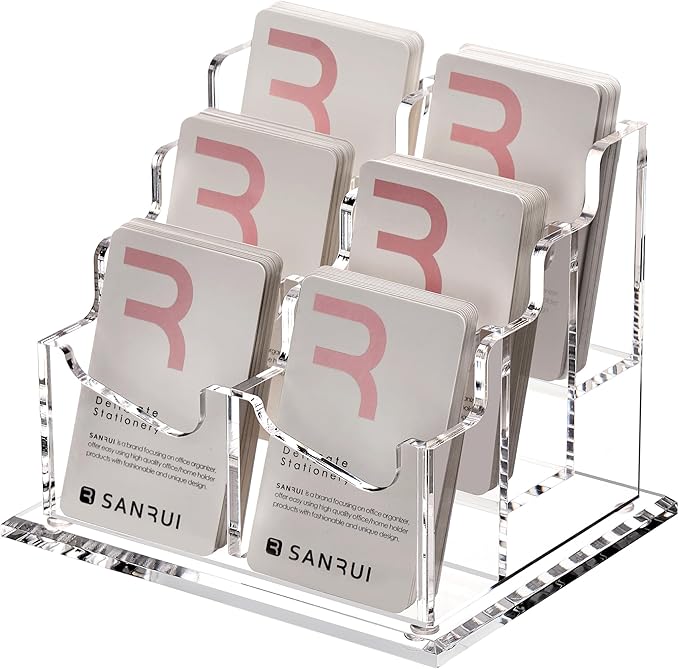 SANRUI Vertical Business Card Holder for Desk，Clear Acrylic Business Card Display Stand，6 Slots 3 Tier ，Holds 300 Cards