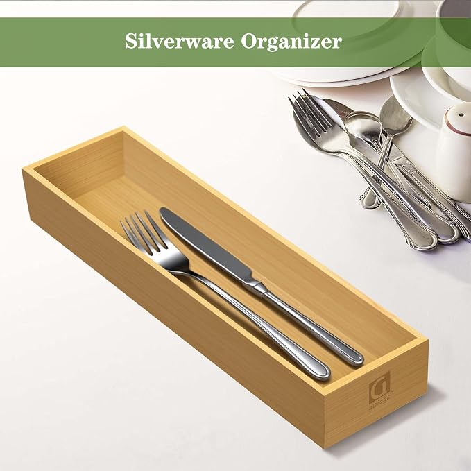 guiogc Bamboo Drawer Silverware Organizer 11.5" x 3.15" x 1.8" Set of 2 | Flatware Organizers, Multi-purpose Storage Box, For Kitchen, Offices and Dressing table, Bamboo Material