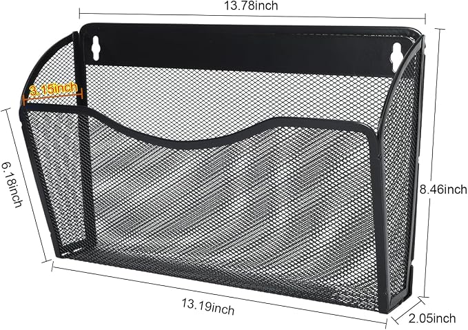 PAG 6 Pockets Wall File Organizer Metal Mesh Hanging Document Paper Holder Wall Mount Magazine Rack for Business Home Office Classroom, Black