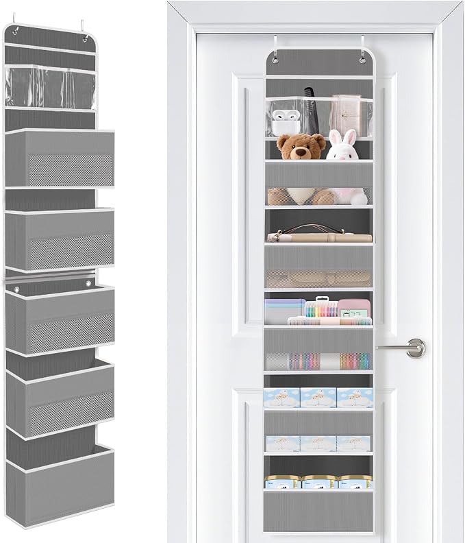 SpaceWhisper Over the Door Organizer, 6 Large Pocket Hanging Storage Organizer with 40lb Capacity, Space Saving for Nursery, Bathroom, Bedroom, Closet - Baby Essentials & Toiletry Organizer (Grey)