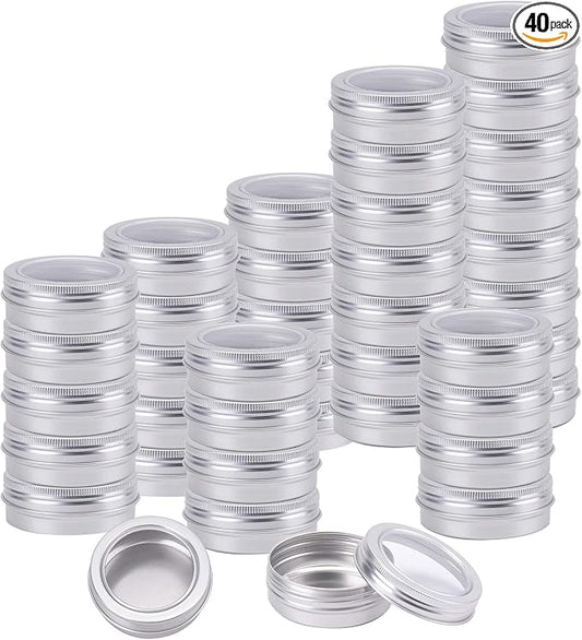 Foraineam 40 Pack 2 Ounce Round Tin Cans Metal Empty Tins Silver Aluminum Kitchen Office Travel Storage Containers with Clear Screw Top Lids