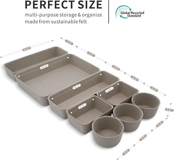 Welaxy Office Desk Drawer Organizers Trays Felt Shallow organizing Box Draw dividers for Office Supplies Scarves Socks Multi-purposed Organize 8-Piece (Stone)