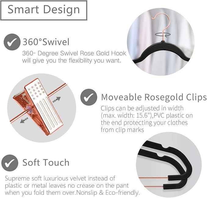 MIZGI Premium Velvet Pants Hangers with Clips (Pack of 20) Slim Skirt Hangers- Non Slip Felt Outfit Dress Hangers Black - Copper/Rose Gold Hooks,Space Saving Shirt Clothes Hangers