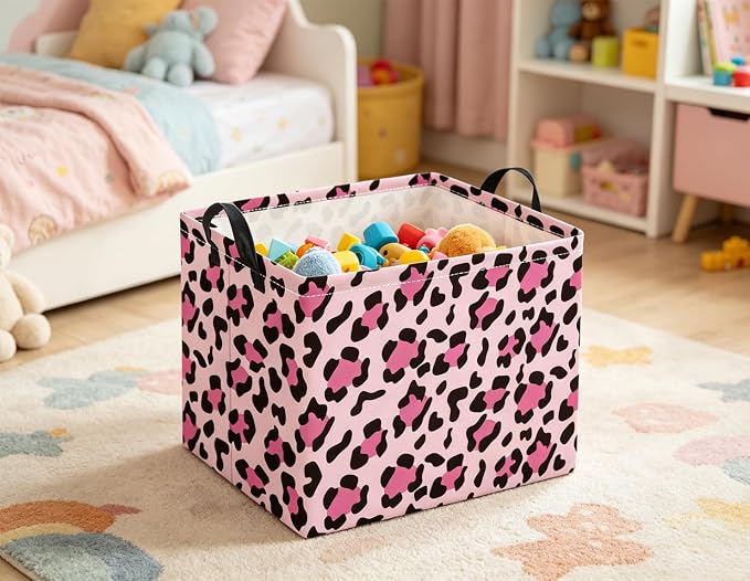 Rectangular Baby Kids Storage Basket for Home Kitchen Girls Cute Toy Storage Bin Organizer Shelf Book Room Decor(Pink Leopard)
