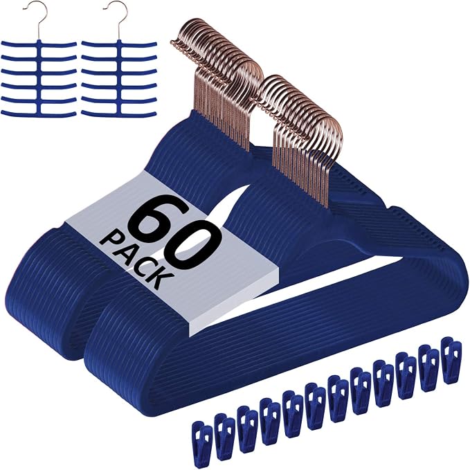 VECELO Premium Velvet Clothes Hangers Suit Heavy Duty (60 Pack)-Non Slip & Space-Saving with 8 Finger Clips & Tie Rack Excellent for Men and Women,Dark Blue