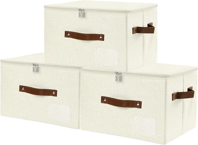 ANMINY 3PCS Storage Bins with Zipper Lid Storage Boxes with Label Holder PU Leather Handles Washable Foldable Decorative Lidded Cotton Linen Fabric Cubes Baskets Closet Organizer - Beige, Medium