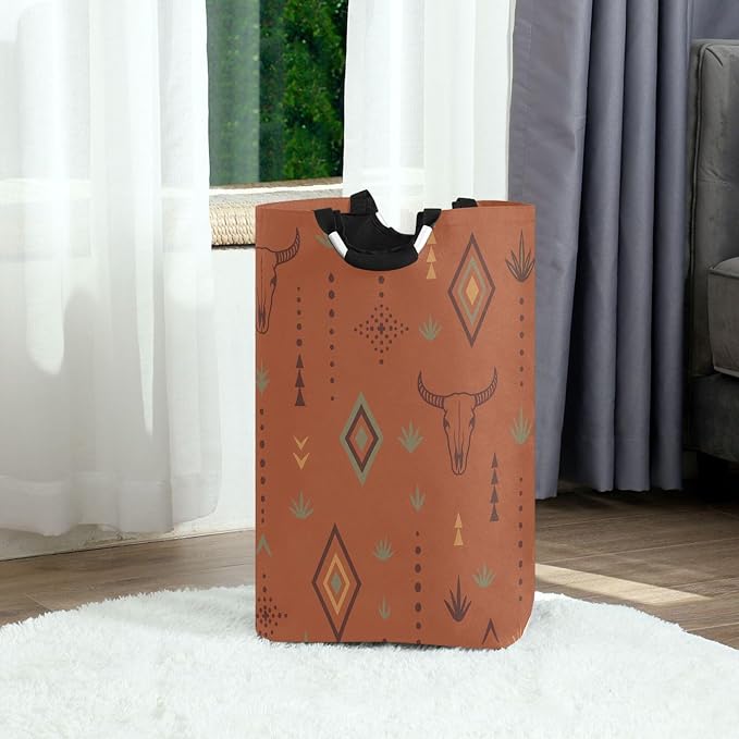 Western Bull Boho Terracotta Large Laundry Hamper Basket, Collapsible Laundry Bag Storage Bins Baskets with Handles for Laundry, Bedroom, Home Decor
