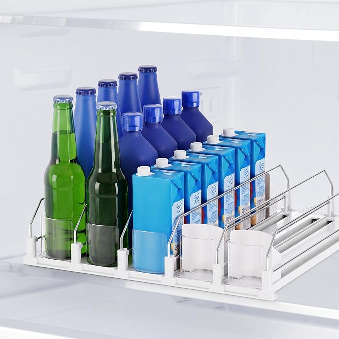 Dayacoco Drink Organizer for Fridge,5 Rows Fridge Soda Can Organizer,20oz 16oz 12oz-Self Pushing Soda Dispenser for Fridge,Adjustable Width-Holds up to 25 Cans,White