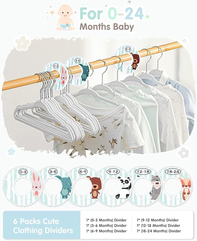 VIS'V Velvet Baby Hangers with 6 Pcs Size Dividers, 11 Inch, White, 50 Pcs | Compact Size, Non Slip, Infant Toddler Nursery Closet Organization