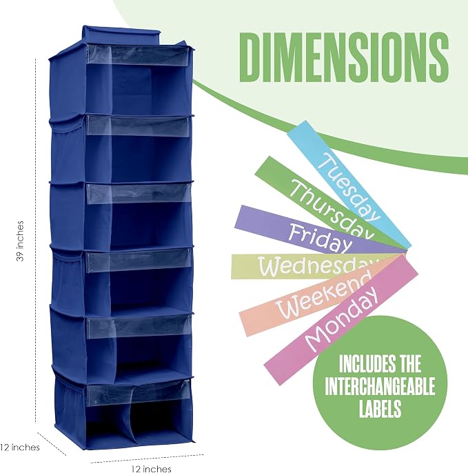 Kids Clothes Organizer, Closet Daily Outfit Storage, Hanging, 6 Shelf Blue | Houseables Weekly Clothes Organizer for Kids, Monday through Friday Clothing Planner, Day of the Week, Weekday, School