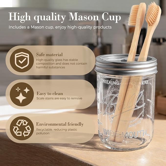 Toothbrush Holder for Bathrooms Mason Jar Toothbrush Holder 16oz Glass with Rustproof Stainless Steel Lid Wide Mouth Organizer Rustic Farmhouse Decor for Bathroom Countertop and Vanity Storage