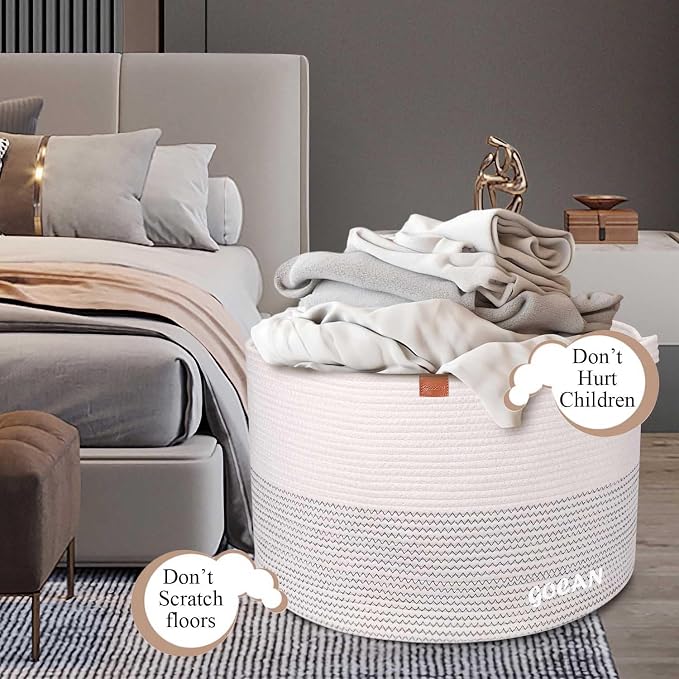 GOCAN Extra Large Laundry Basket 22" X 22"X 14" XXXL Cotton Rope Woven Basket for Blankets Storage Basket with Handles for Living Room (Beige)