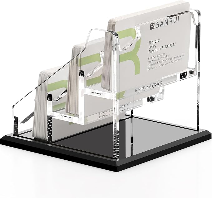 SANRUI Black Business Card Holder for Desk 3 Slot , Clear Acrylic Horizontal Name Card Stand for Women and Men, Desktop Organizer Display for Office Home Exhibition - 180 Card Capacity 1 Pack