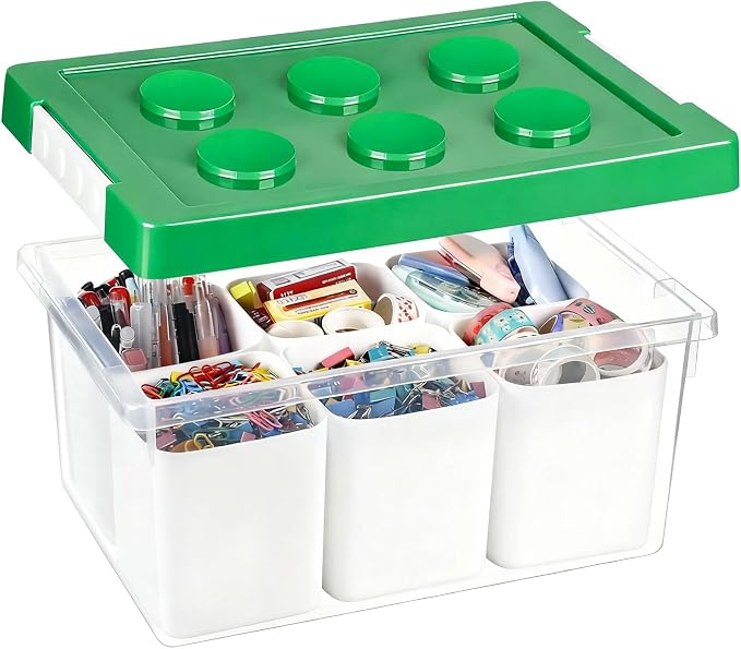 Plastic Storage Bins with Lids, Art Craft Supply Organizer Box with Brush Pot, Multipurpose Stackable Storage Containers for Organizing Tool, Craft, Crayon,Sewing (Green)