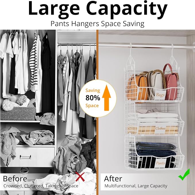 Hanging Closet Organizers and Storage, 5 Tier Closet Shelf Clothes Organizer with 2 S-Hooks, Multi-Functional Iron Wire Baskets, for Clothing, Sweaters, Handbags, Hat, Canned