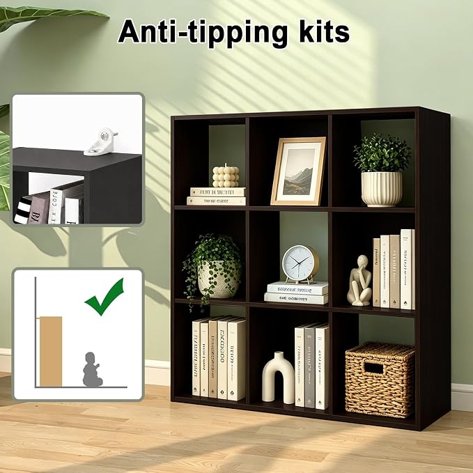 9 Cube Shelf with Anti-Tipping Kits + Reversible Open Back Bookcase, Multi Layer and Multi Grid Partition Layout (Chocolate 11in)