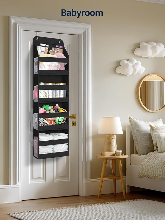 Yecaye 5 Tier Over the Door Organizer, Swing-proof Door Organizer Hanging with Clear PVC Windows, Behind the Door Storage for Bedroom Nursery Closet Laundry Pantry Bathroom, Black